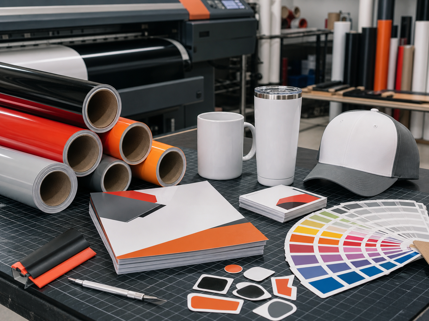 Mesa de trabajo con viniles, impresiones, muestrario de color y productos promocionales